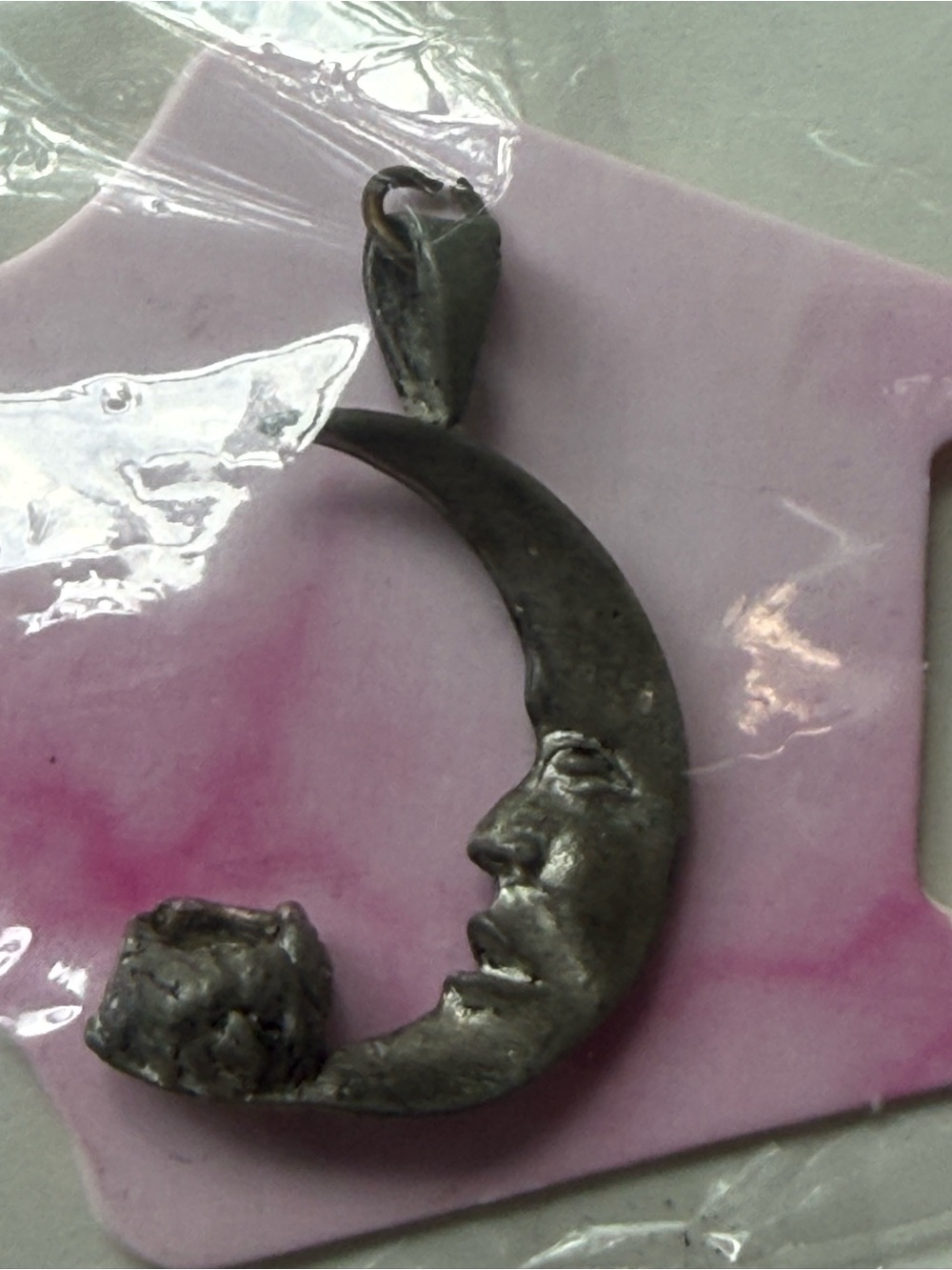 Vintage Silver-Tone Crescent Moon Face Pendant